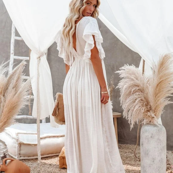 New Boho Gauzy Maxi Cover Up Dress White